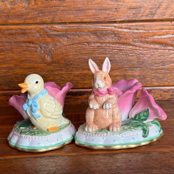 Vintage Easter Duck & Bunny Ceramic Candle Holders Spring Home Decor Set Cute - Picture 1 of 10
